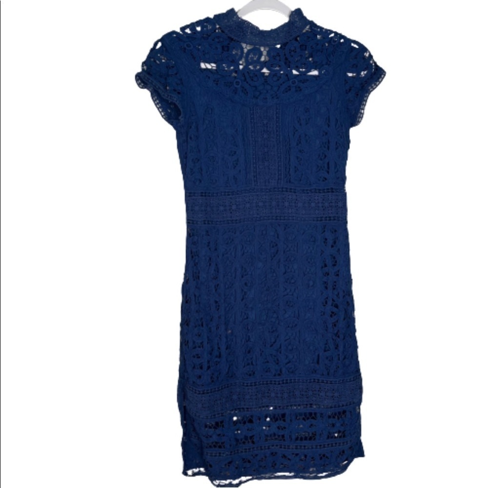 Sea New York Blue Lace Shift Dress Size 0 High Neck Knee Length Cocktail Dress.